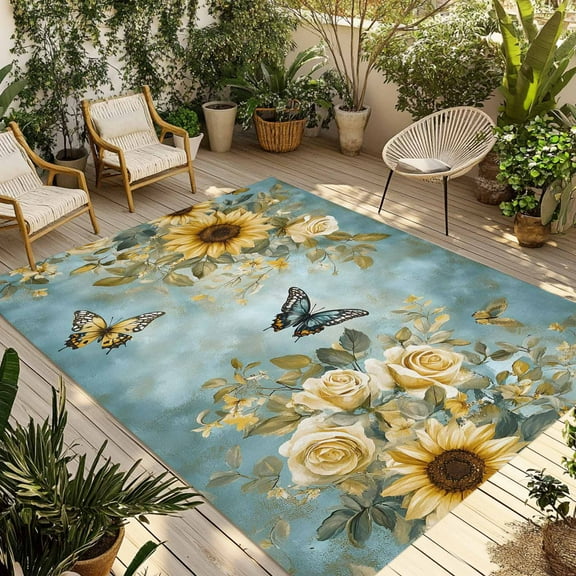 Fsddascl Spring Yellow Sunflower Outdoor Rug for Patio/Deck/Porch, Non-Slip Large Area Rug 6 x 9 Ft, Roes Butterfly Teal Pastoral Indoor Outdoor Rugs Washable Area Rugs, Camping Rug Carpet