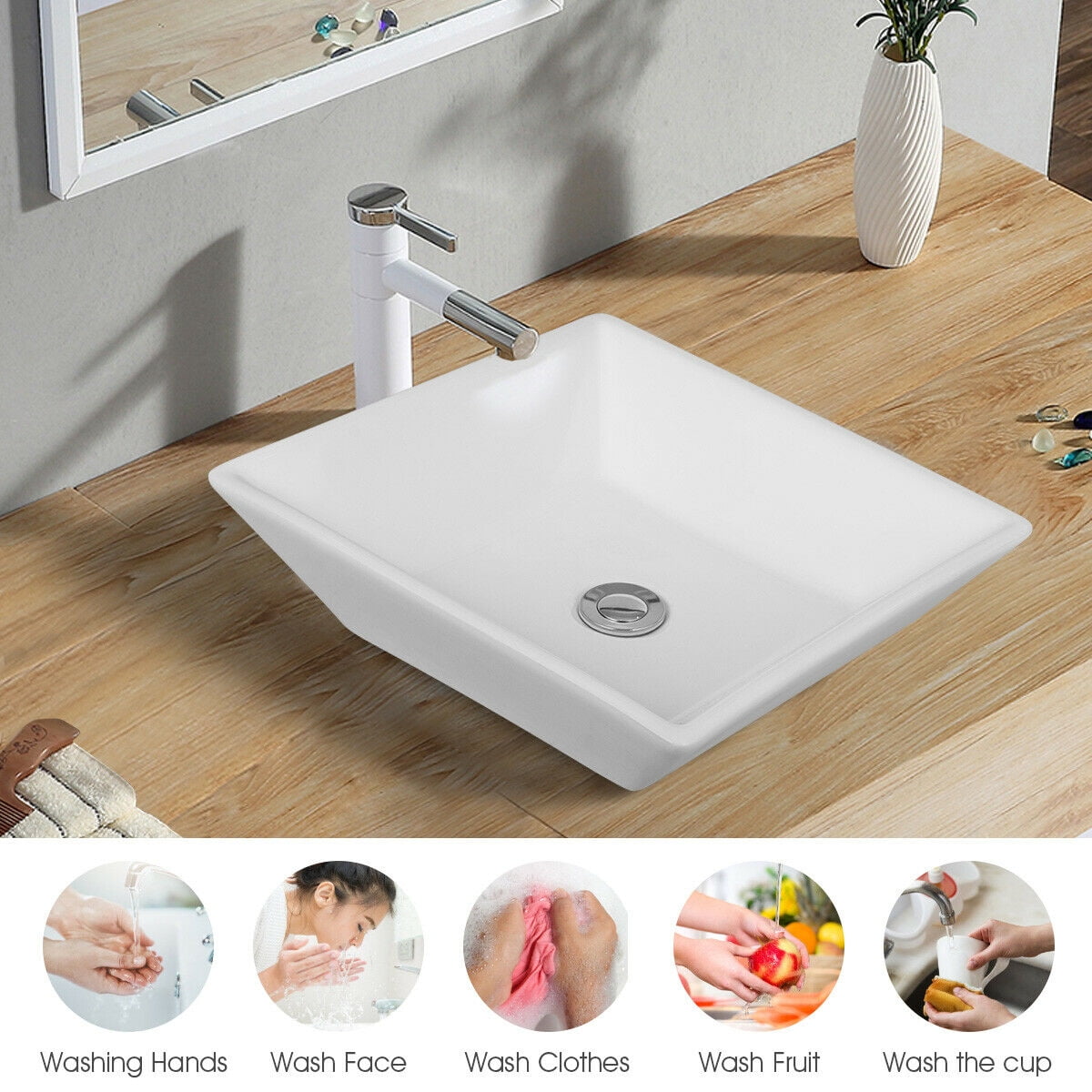16" x 16" Beveled Square Bathroom Ceramic Vessel Sink Art Basin w/ Pop-up Drain 