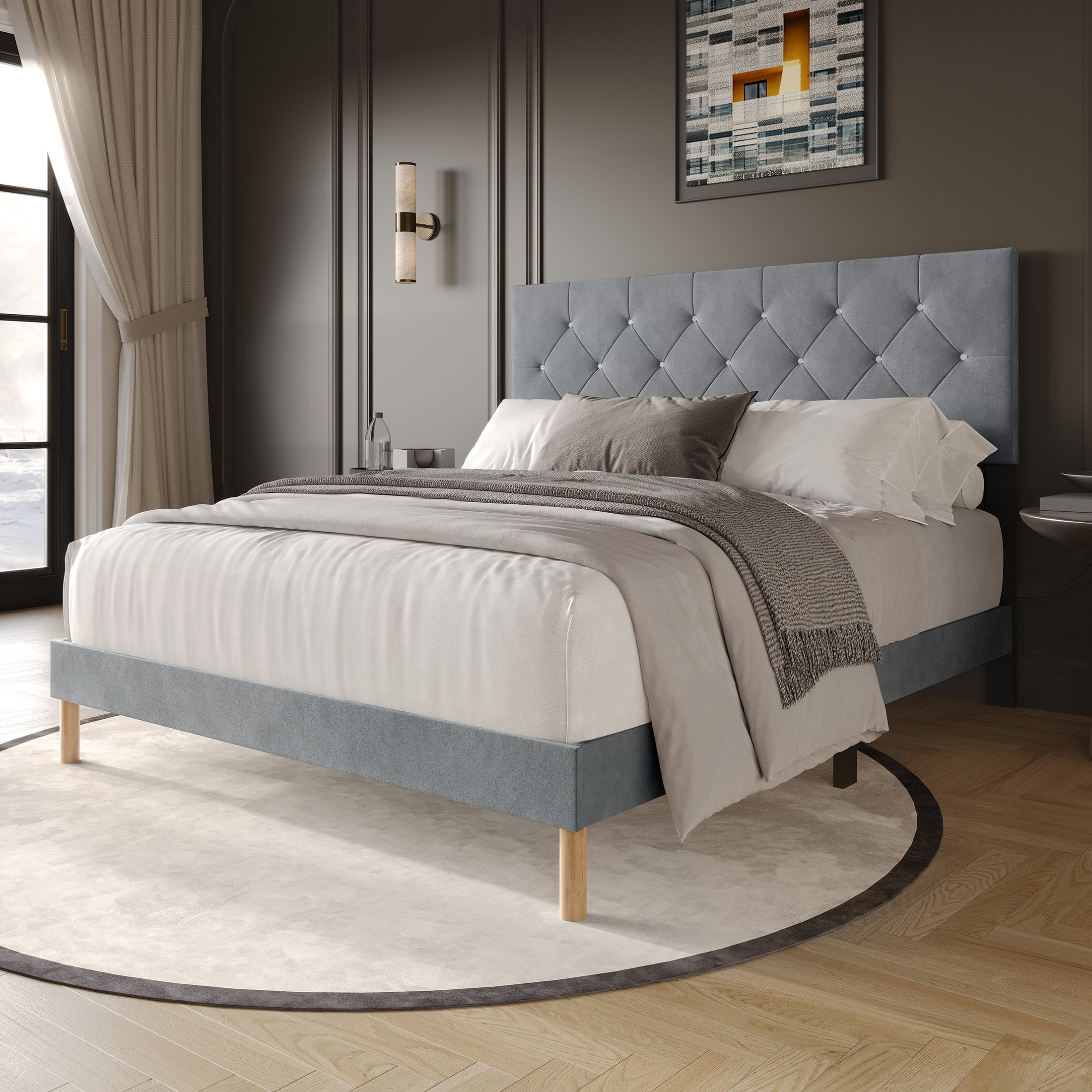 Castle Place Modern Diamond Tufted Velvet Upholstered King Bed, Light Grey