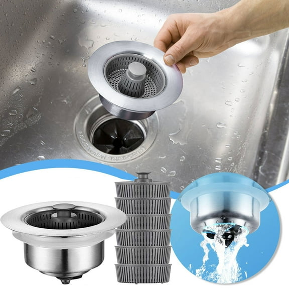 Sink Drain Strainer,3-in-1 Stainless Steel Sink Aid,Popup Kitchen Sink Stopper & Odor Filter,Fit US Standard 3 inch Sink Hole,(Silver 6Pcs Basket)