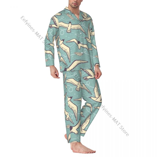 Pijama de hombre con solapa y manga larga, ropa de dormir divertida con diseño de tiburón y pez en estilo escandinavo, ropa de hogar para hombre