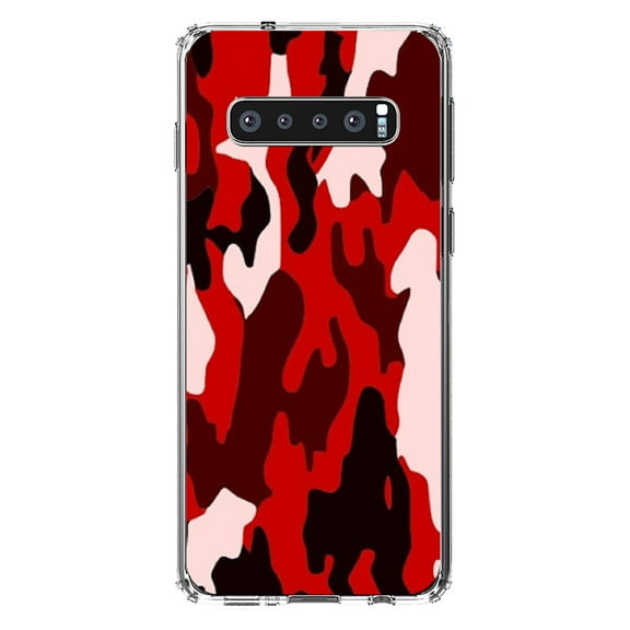 DistinctInk Clear Shockproof Hybrid Case for Samsung Galaxy S10 (6.1" Screen) - TPU Bumper, Acrylic Back, Tempered Glass Screen Protector - Red Black Camouflage - Camouflage Pattern
