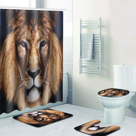 4pcs Bathroom Set Lion Animals Printed Banded Rubber Backing Rug Bath Mats Anti-slip Bath Pedestal Rug Toilet Seat Cover Pad With Fabric Shower Curtain & Hooks New (Best Bathroom Shower Brands)