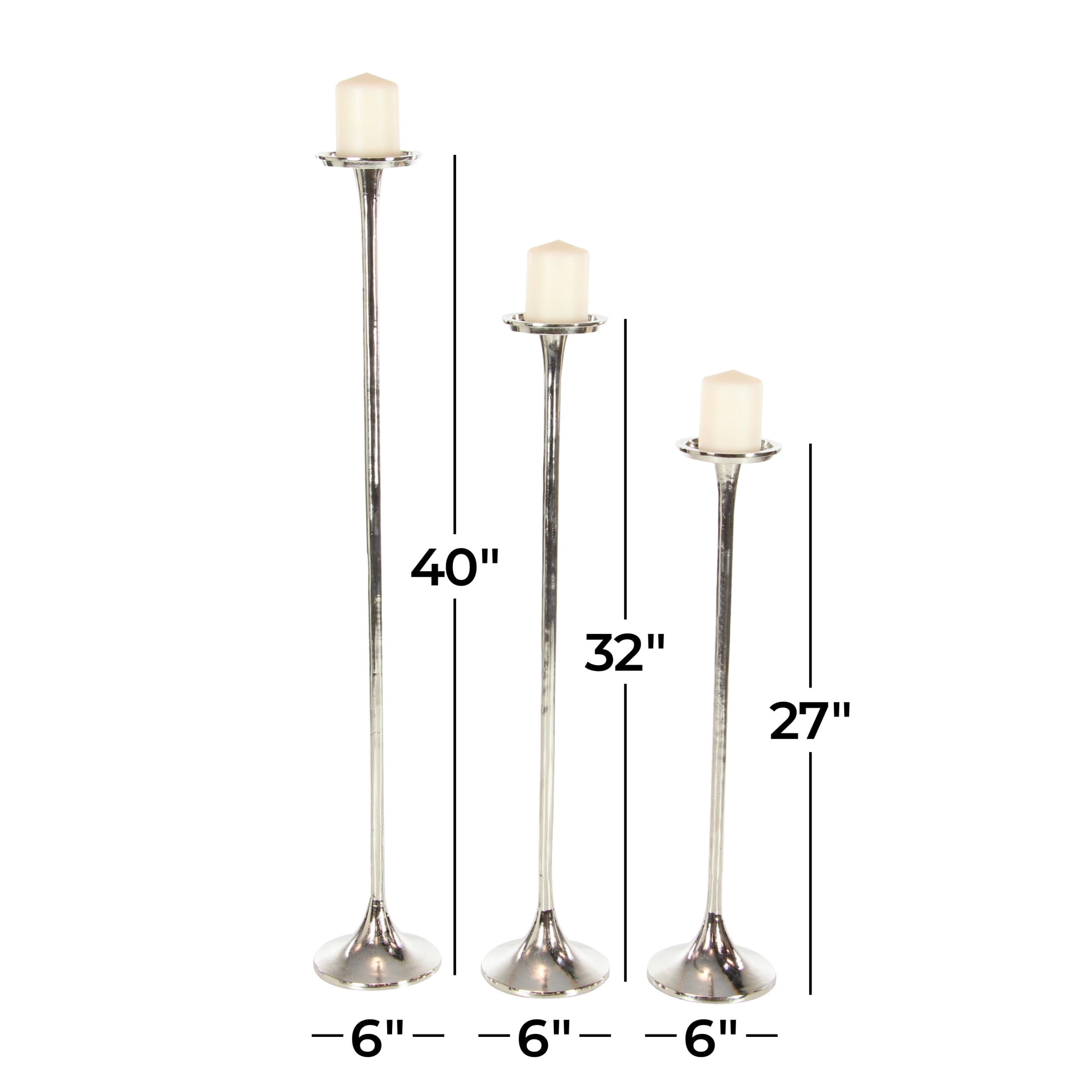 DecMode 3 Candle Silver Aluminum Metal Tall Candle Holder, Set of 3