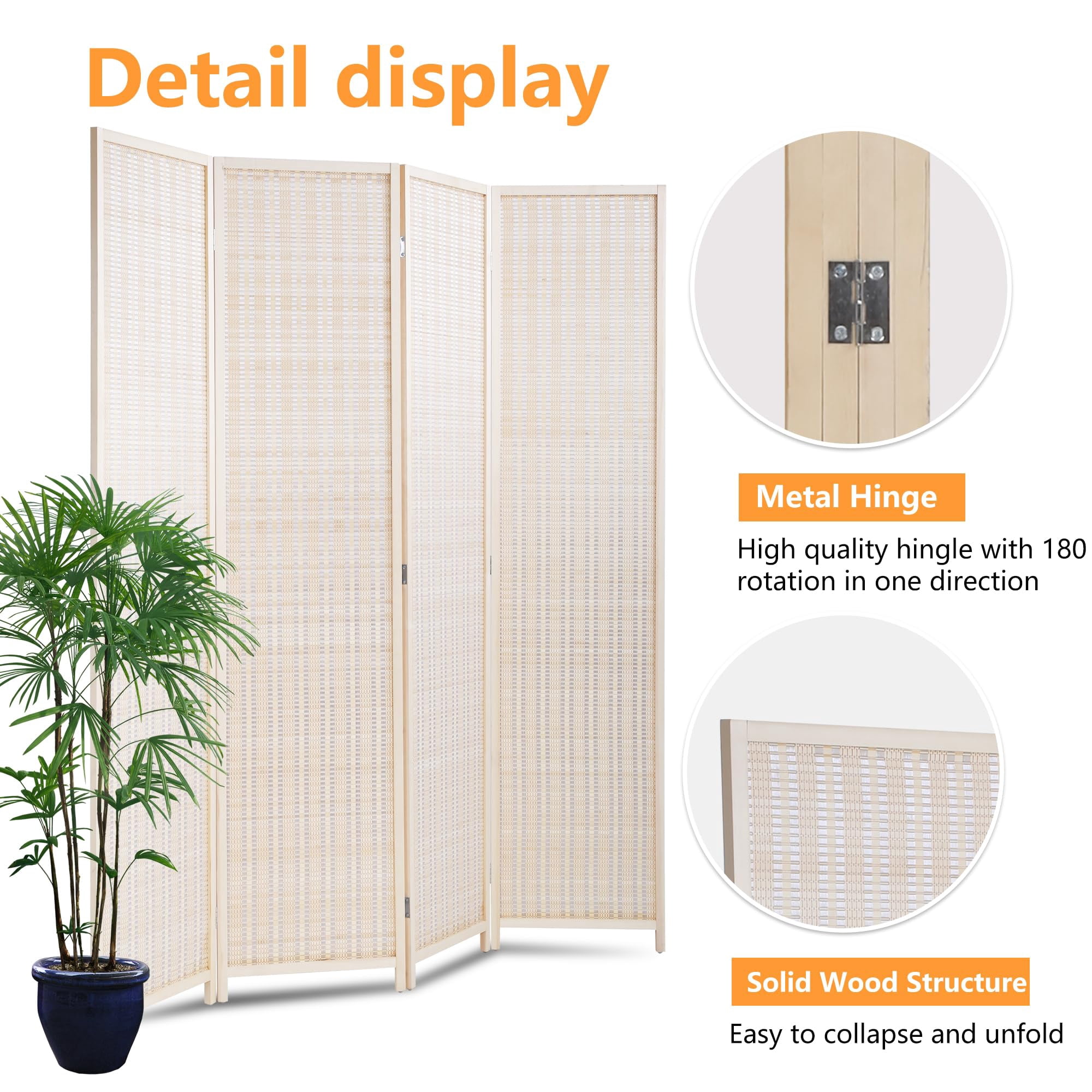 YRLLENSDAN Tall Room Dividers and Folding Privacy Screens, Wall Divider for Room Separation, Bamboo Wood Room Partition with 4 Panels Freestanding Indoor, Beige