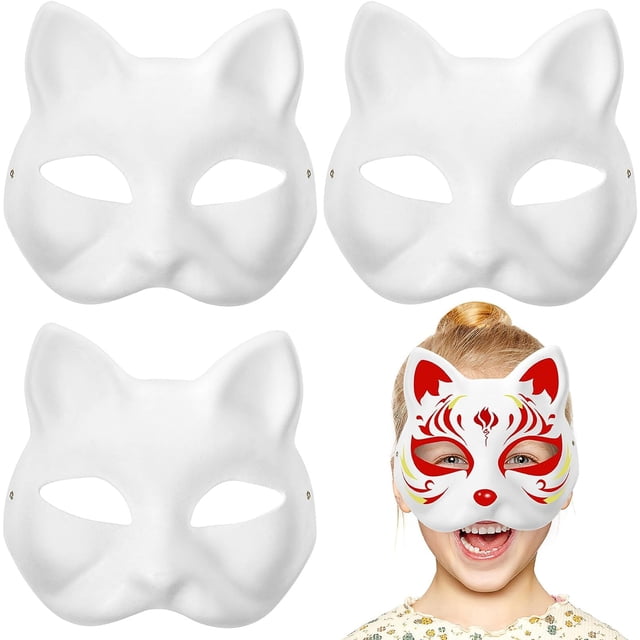 Máscara de zorro de papel blanco pintada a mano, máscara de gato bricolaje máscara de fiesta japonesa, drama blanco, 3 piezas