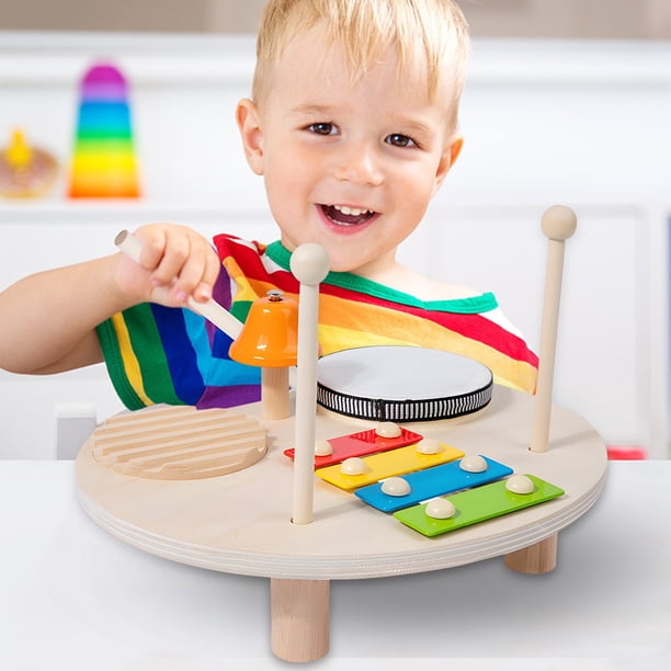 Juguetes, Educación, Juego de mesa musical de percusión de madera para niños con violín de dedo, tambor pequeño, pez de madera, regalos de cumpleaños para niños y niñas, escenario de música claqué