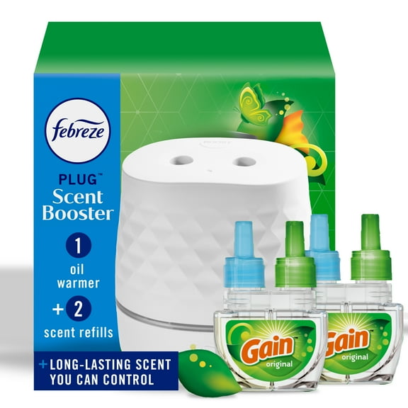 Febreze Plug Scent Booster, Air Freshener, Scented Oil Diffuser, Gain, Starter Kit 2 Refill