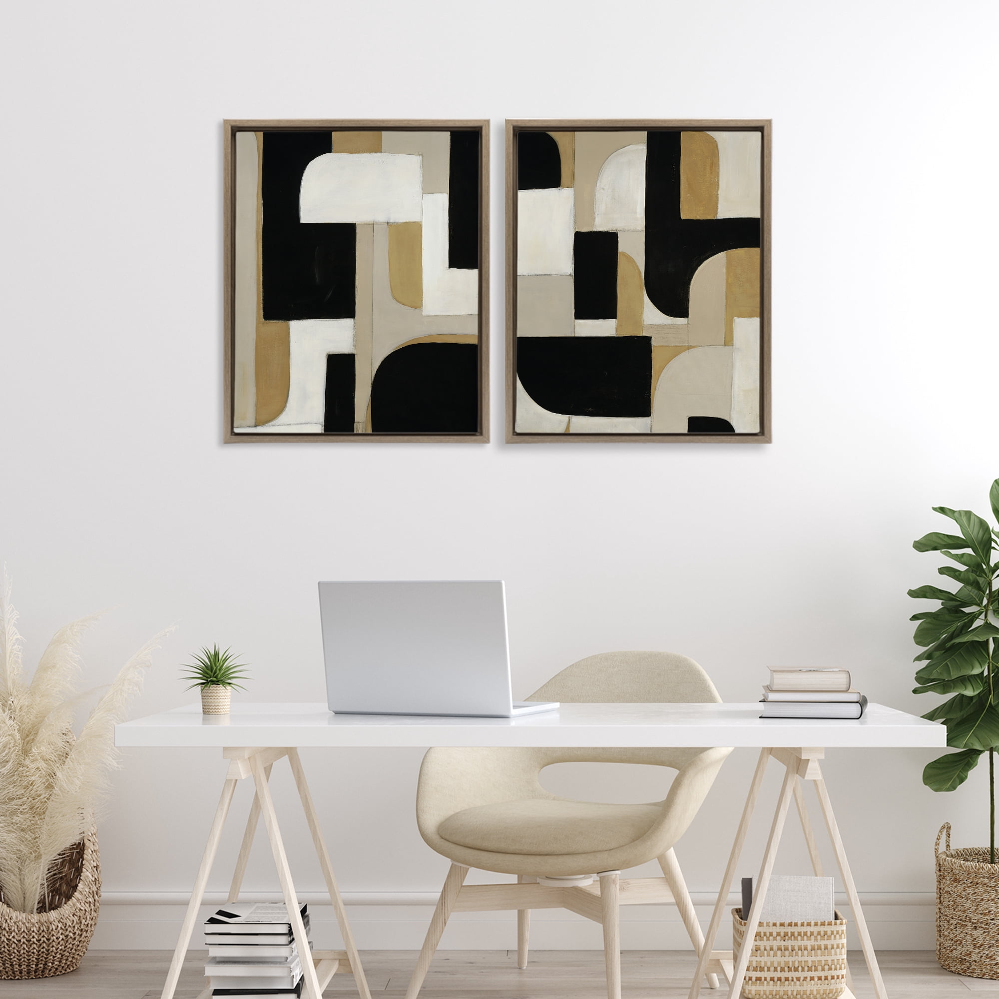 Stupell Industries Neutrals & Black Geometrics 2 Piece Brown Framed Floater Canvas Set, design by Kippi Leonard