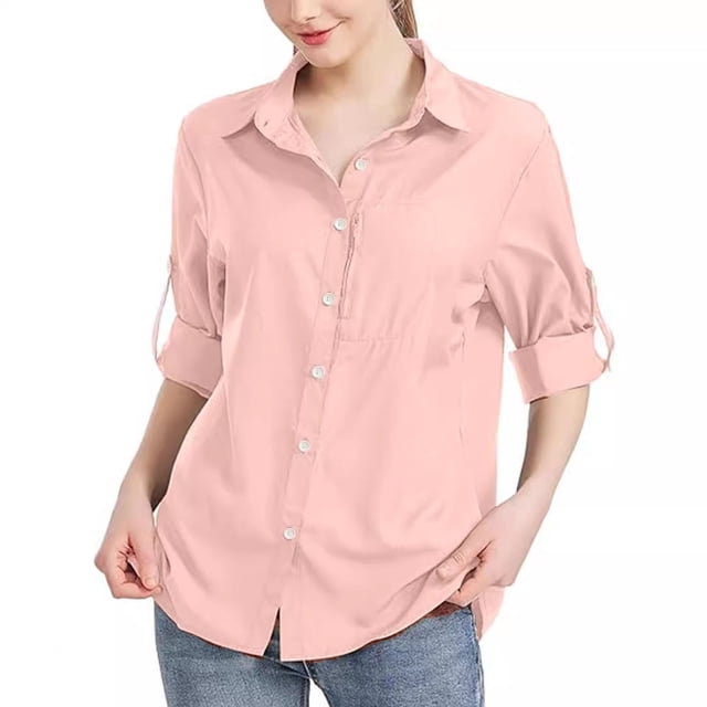 RXIRUCGD Blouse Chemise Décontractée pour Femme à Manches Longues, Col Rabattu, Couleur Unie, Hauts, Cardigan à Simple Boutonnage, Blouse avec Poches, Rose, Taille : TG