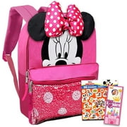 DECADE WEST Disney Minnie Mouse Backpack for Girls Toddlers Kids ~ Bundle Includes 12" Minnie Preschool Toddler Backpack with Ears, Bow and Magic Reversible Sequins and Stickers (Minnie Mouse School Supplies)