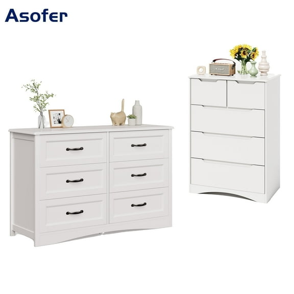 Asofer Bedroom 5 Drawers & 6 Drawers Dressers for Living Room,Bedroom,Wood Storage Cabinet