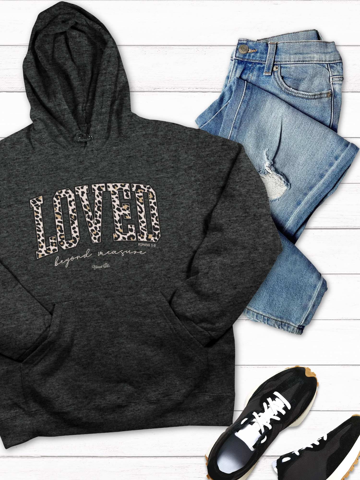 Blessed Girl Womens Hooded Sweatshirt Loved Leopard, Charcoal Heather, XL