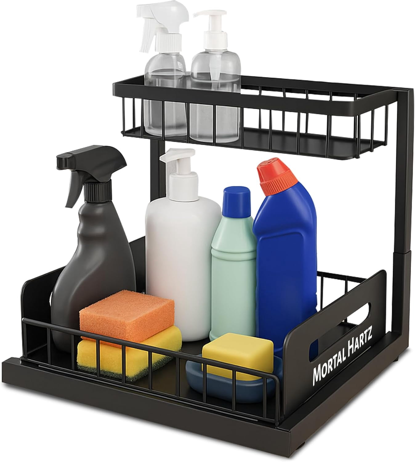 RGHJAR-MORTALHARTS Under Sink Organizer – 1 Pack 2-Tier Sliding Storage Rack – Pull-Out Cabinet Organizer with Adjustable Metal Shelf, L-Shaped Design for Kitchen, Bathroom & Laundry Cabinets