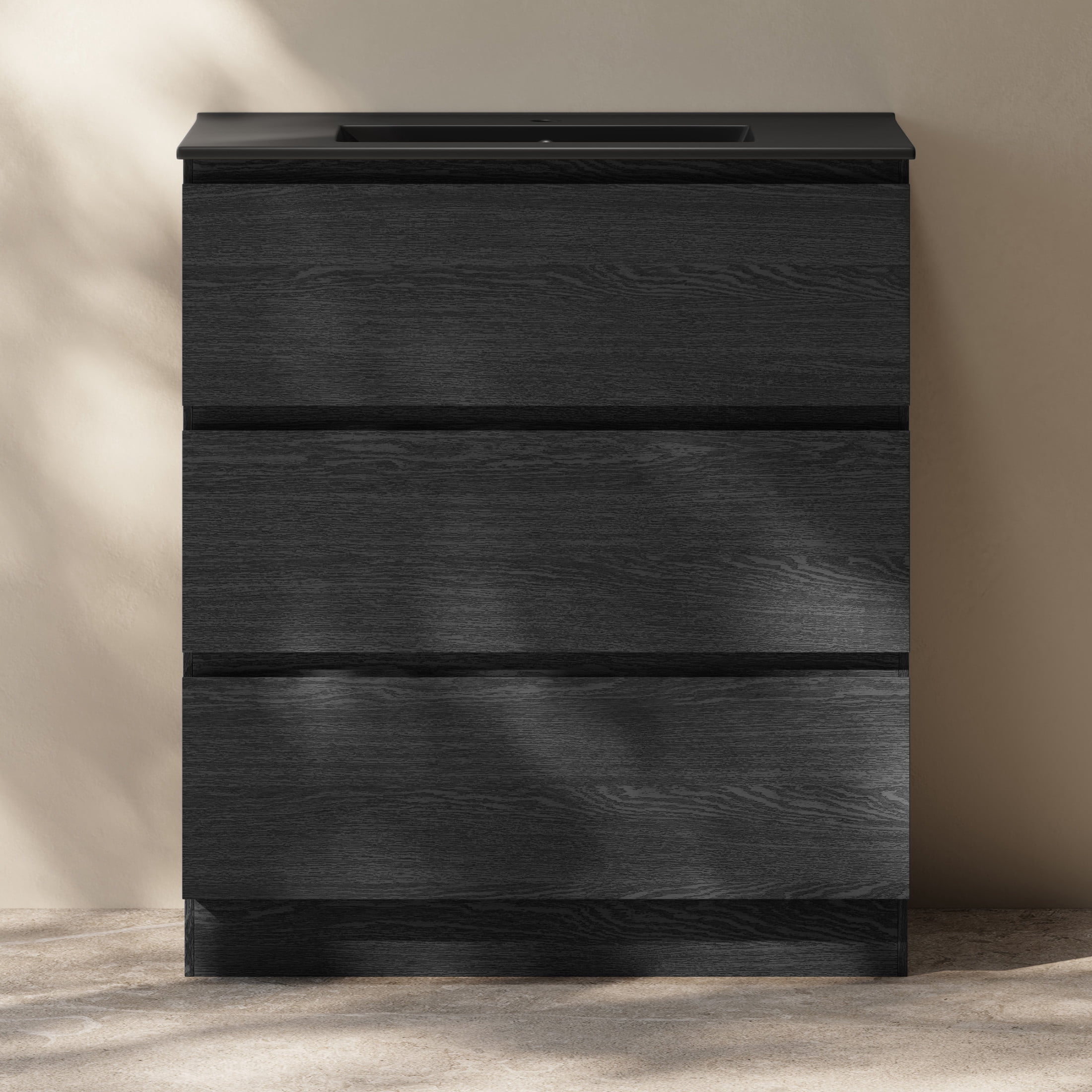 Liberte 30" Freestanding Bathroom Vanity in Black Oak with Black Sink Top