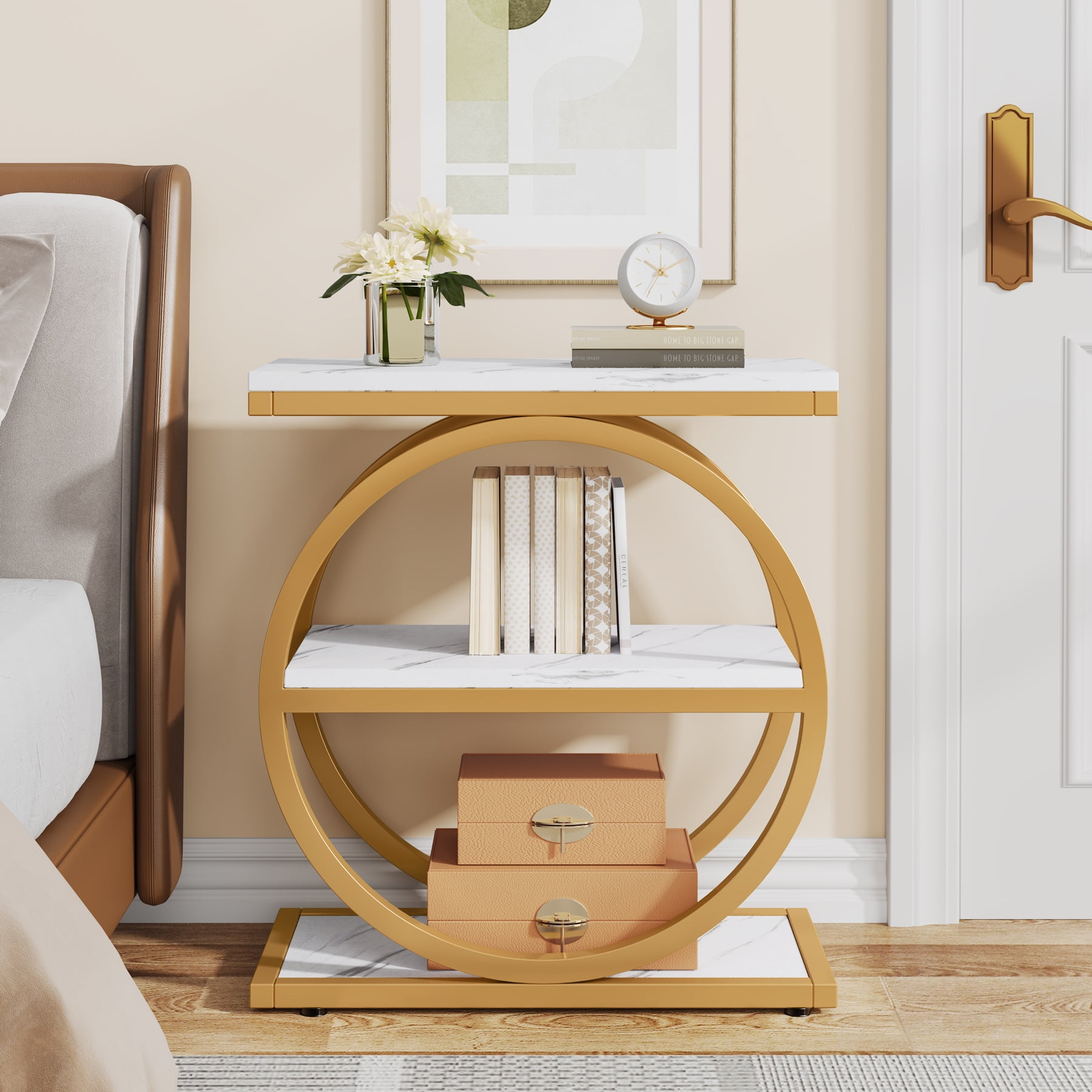 Tribesigns End Table, Wood Side Table with Black Metal Frames, Narrow End Table with 3 Storage Shelves for Living Room