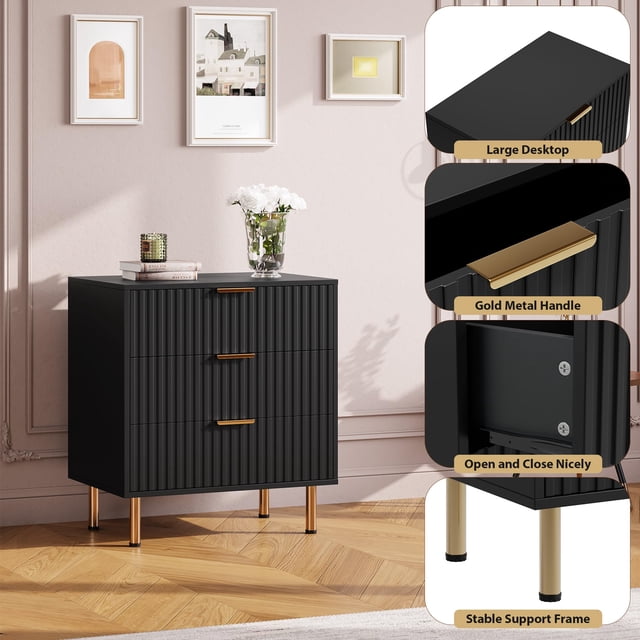 Commode Moderne Noire Cannelée à 3 Tiroirs pour Chambre - Grand Coffre en Bois avec Rangement Profond - Grande table de Chevet Robuste table d'Appoint pour Salon, Couloir, Chambre d'Enfant - Noir