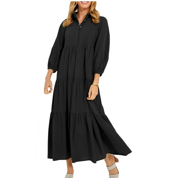 Cavosen Wrap Dresses for Women Long Black Puff Long Sleeve Maxi Dress Smocked Tiered Collared Calf Length Dress Solid Pleated Casual Trendy Dress Vacation Fall Winter Clothes S