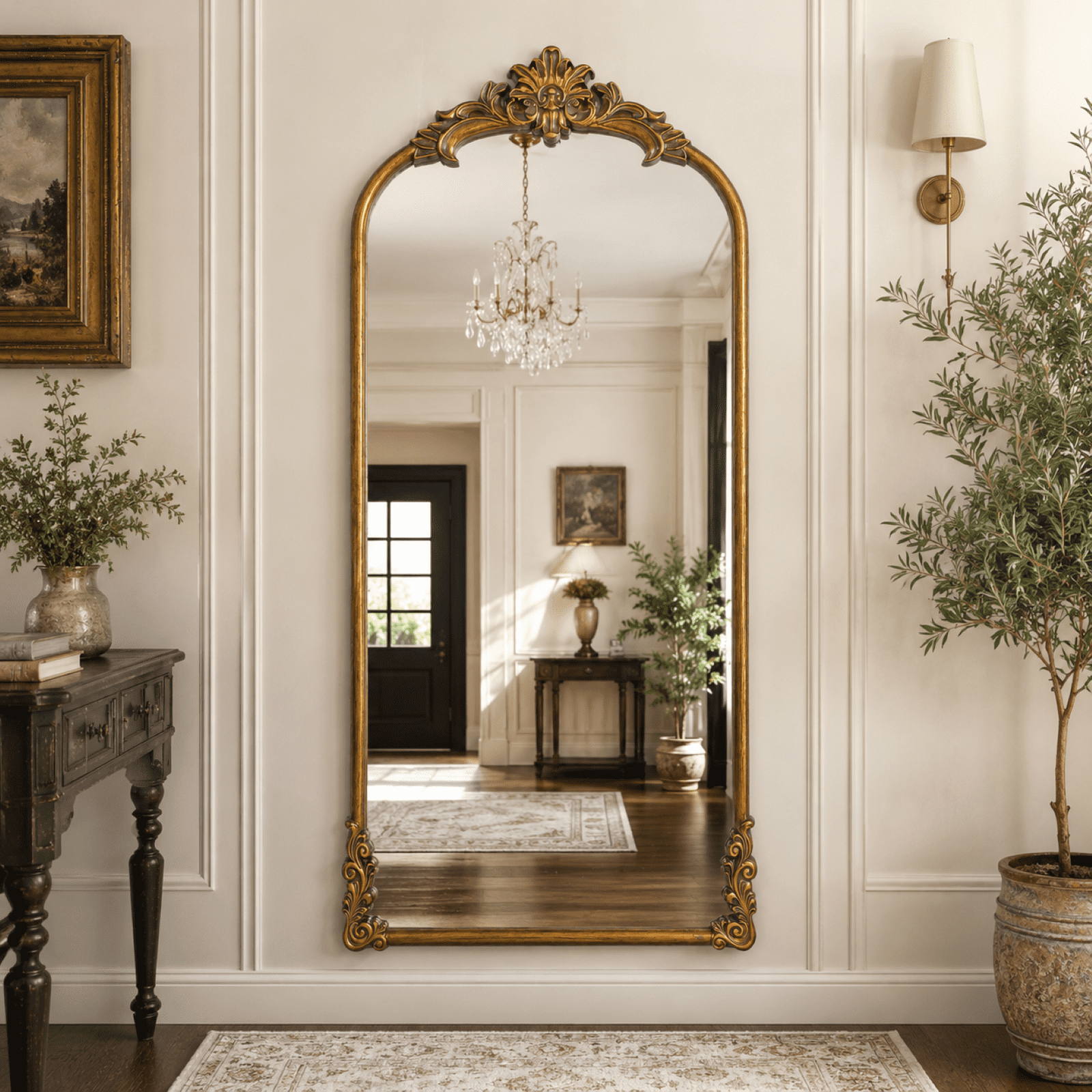 VORENTA 71"x32" Vintage Floor Mirror Arched Full Length Mirror Baroque Carved Wall Mounted Decor Traditional Ornate Mirror with Stand, Antique Bronze