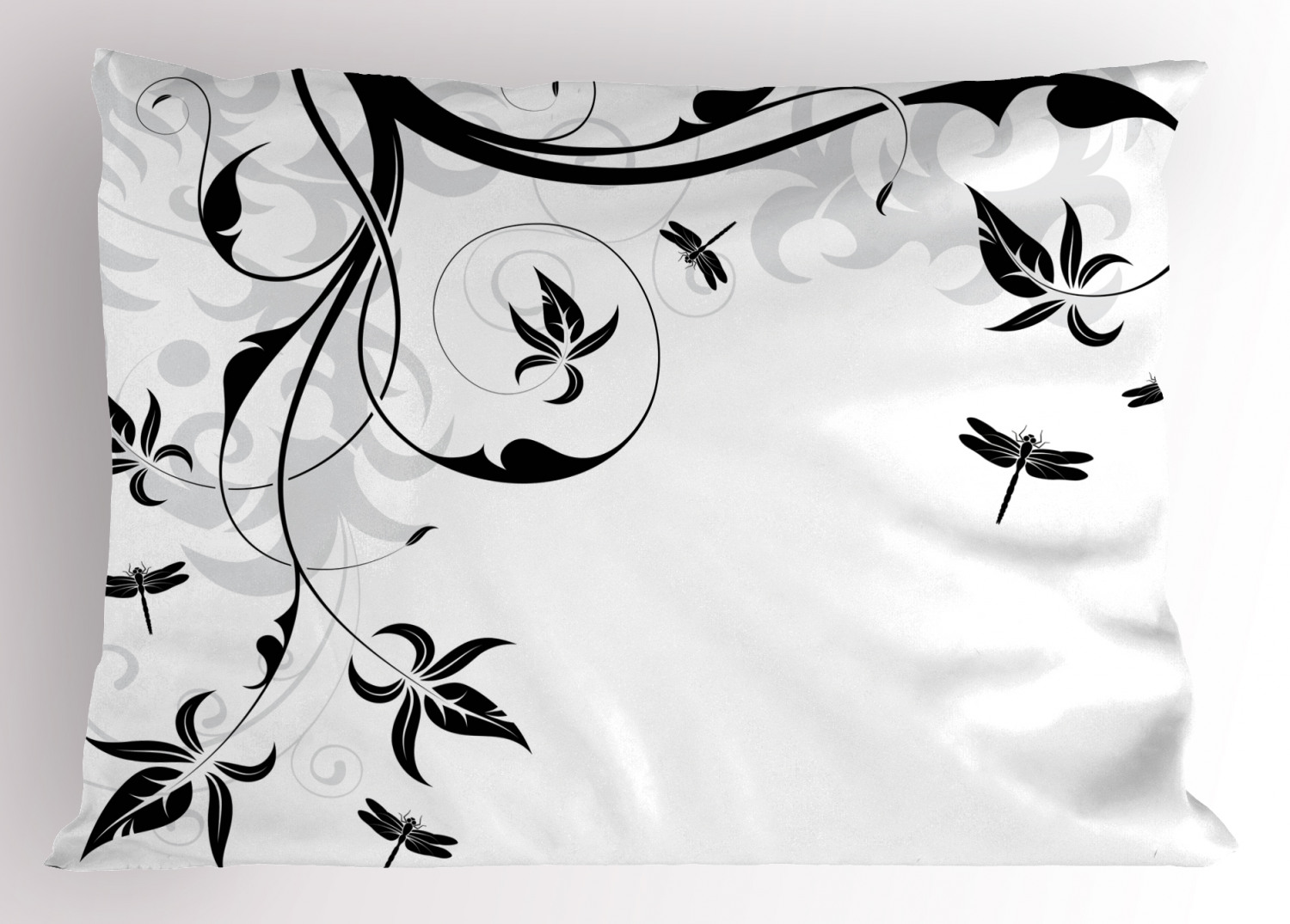 Dragonfly Pillow Sham Swirled Floral Background with Damask Curl Branches and Leaves Print, Decorative Standard Queen Size Printed Pillowcase, 30 X 20 Inches, Pale Grey Black White, by Ambesonne