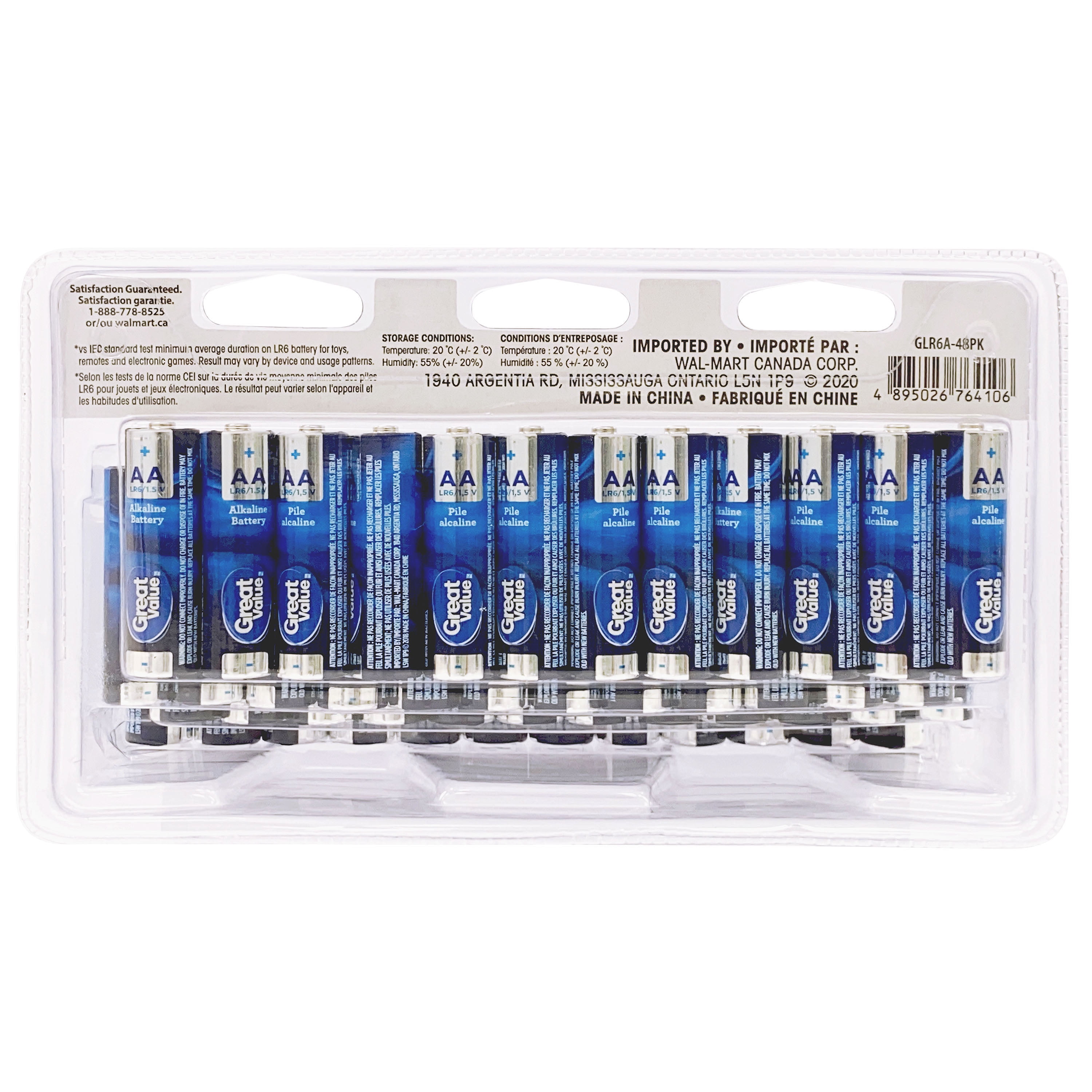 Piles alcalines AA LR6/1,5 V de Great Value Paquet de 48, durée de conservation de 10 ans Garantie de puissance longue durée