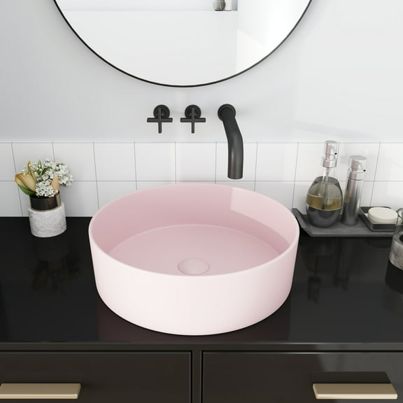Noble House 15.7" Round Ceramic Bathroom Vessel Sink, Above-Counter Art Basin, Easy-Clean Glaze, Pink