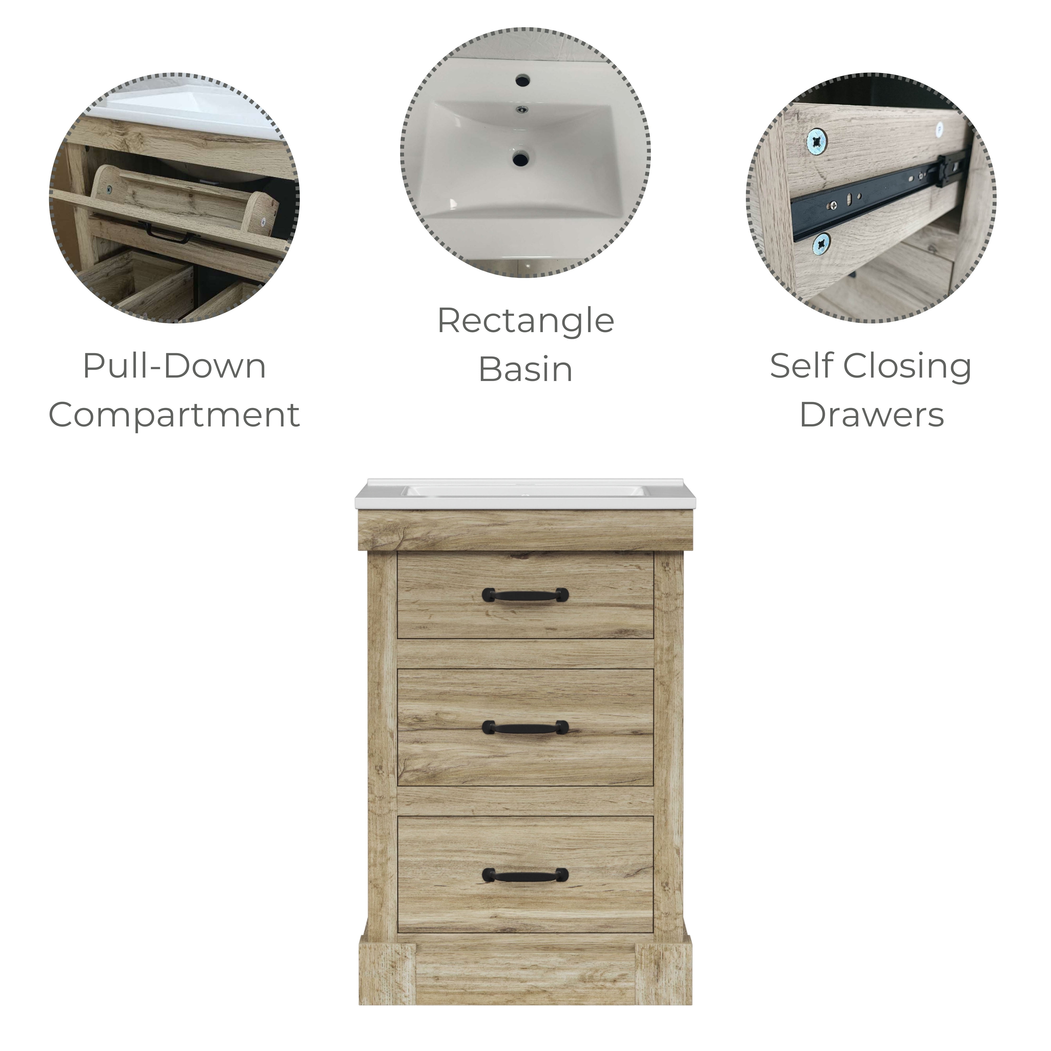 Teamson Home Donovan 24" Single Bathroom Vanity with Square Sink and Two Drawers, Light Oak