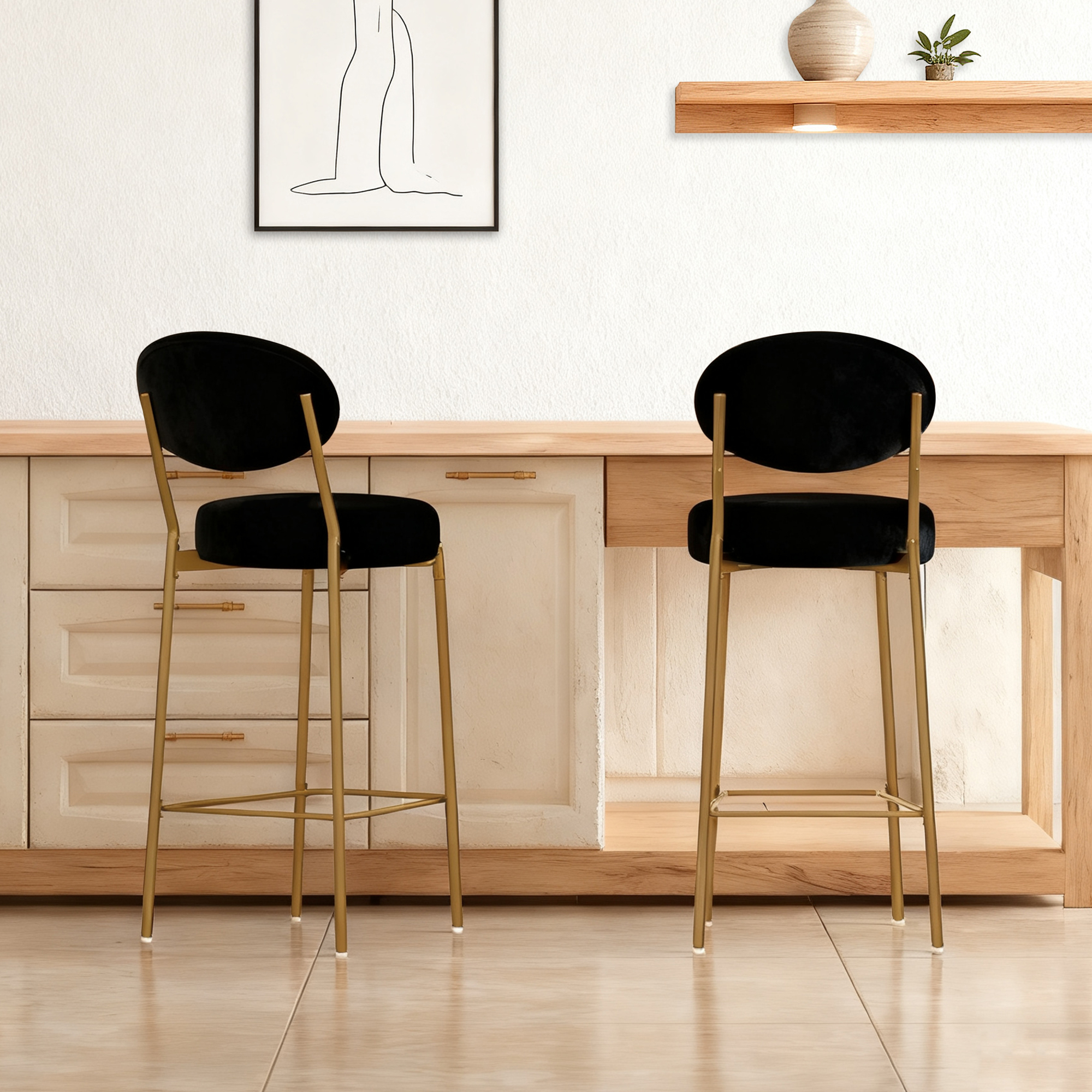 Jopath 2-Pack Modern Velvet Bar Stools with Gold Metal Legs Accent Round Counter Stools for Kitchen Island, Home Bar (Black)