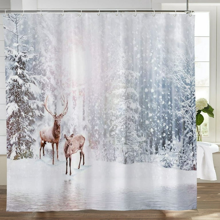 Christmas Shower Curtain For Bathroom, Blue And White Reindeer With 12  Snowflake Hooks Waterproof Shower Liner Decor