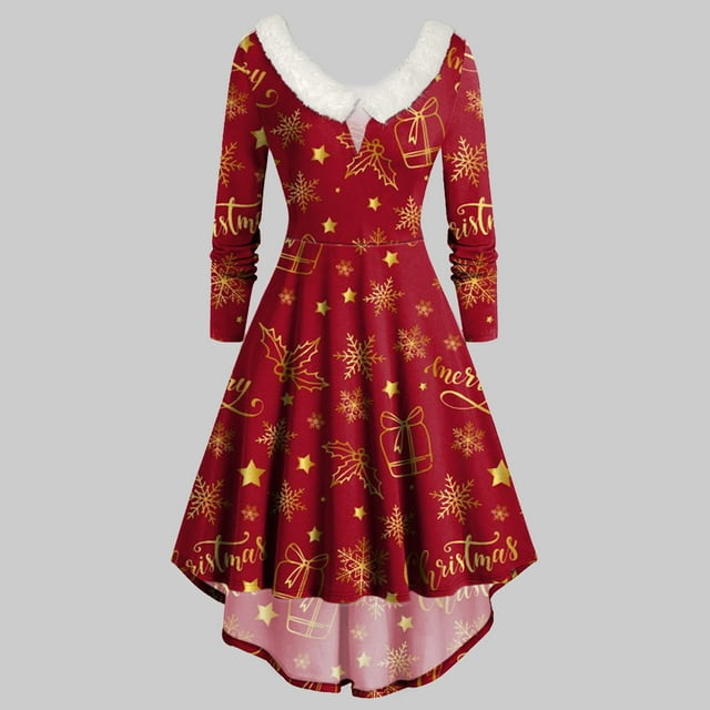 Joyeux Noël TIMIFIS Mode Automne pour Femmes Robe Vintage à Fleurs Évasée en Ligne A Swing Décontractée pour Fête Robe de Fête pour Femmes