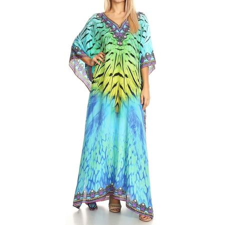 Short Caftan - Sakkas Anahi Flowy Design V Neck Long Caftan Dress / Cover Up With Rhinestone - 17165-Green / Turq - One Size Regular