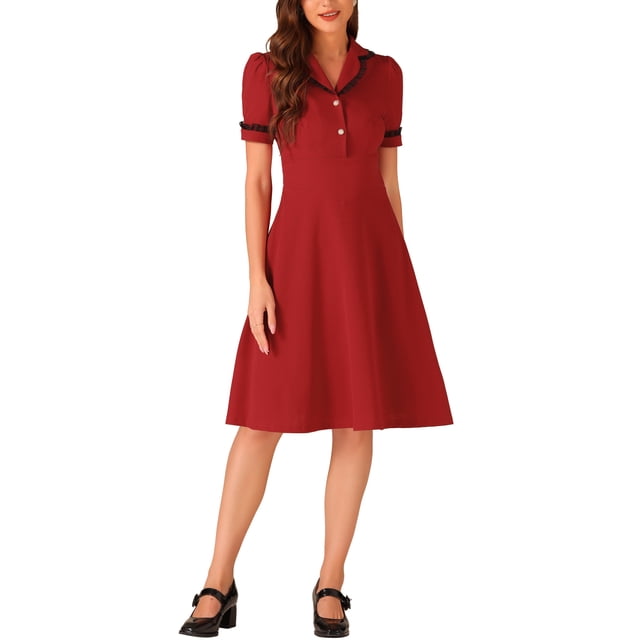 INSPIRE CHIC Vestido Midi Vintage para Mujeres 2024 Vestidos de Trabajo con Cuello Peter Pan XL Rojo