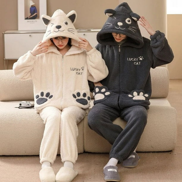 Conjuntos de pijamas de franela gruesa para parejas ropa de dormir de felpa con cremallera sudaderas con capucha de gato de dibujos animados para amantes de los hombres y mujeres invierno