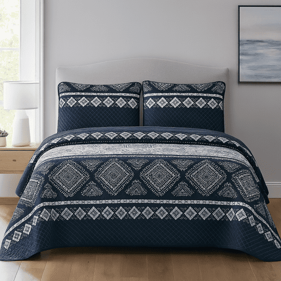 DBOZE Reversible Cotton Blend 3 Piece Embroidered Quilt Set Elegant Bedspread with Decorative Pillow Shams All Season Coverlet,(Queen,Dark Blue/White)