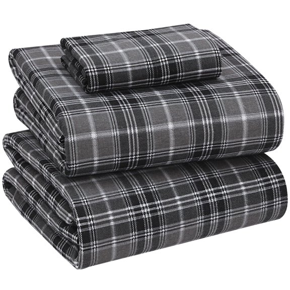 RUVANTI Flannel Sheets Twin Size - 100% Cotton Double Brushed Twin Sheets Set, Deep Pockets 16 Inches, All Seasons Breathable & Extra Soft Bed Sheets, Warm & Cozy, 3 Piece, Grey Plaid