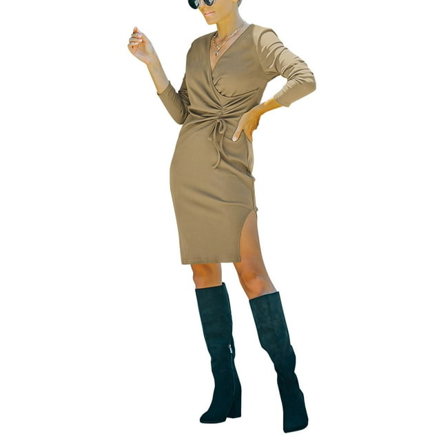 ZAXARRA Robe Femme Couleur Unie Col en V, Manches Longues Ajustée une-Pièce avec Design Noué, S/m/l/TG