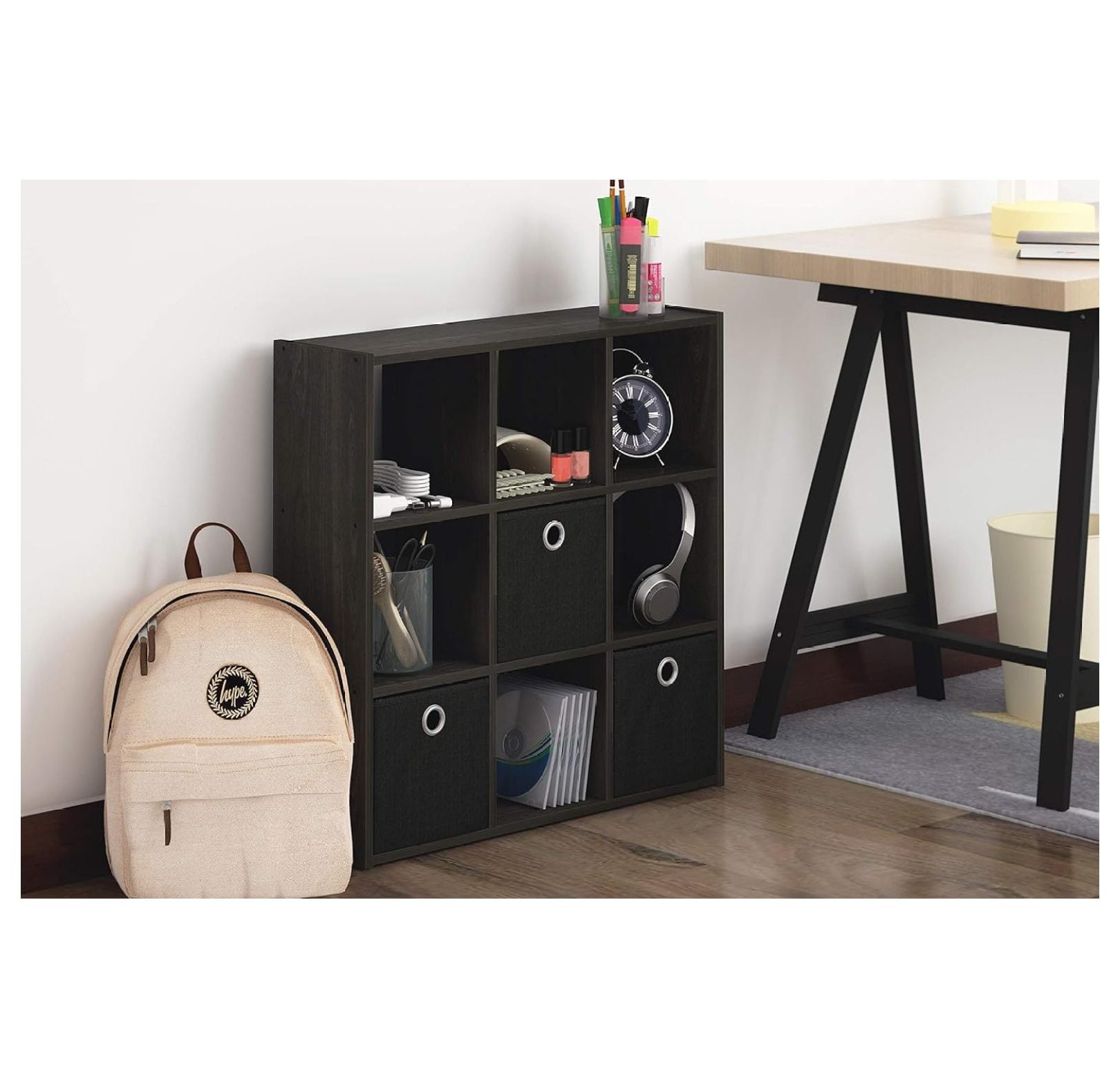 SONGMY Simplistic 9-Cube Organizer with Bins, Small Size (Assembled unit dimensions : 7.9"D x 26.5"W x 26.7"H inches), Espresso/Black