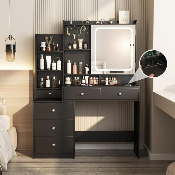 VEANERWOOD Vanity Desk with LED Lighted Mirror, 6 Drawers and Hidden Shelves Table Set, Black