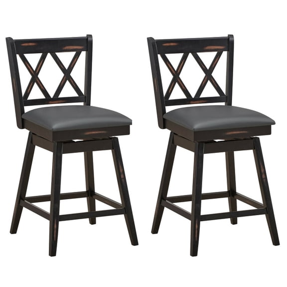 Furnibear Swivel Bar Stools Set of 2 with Rubber Wood Legs and Contoured Seat for Kitchen Island Counter Height Seating, Black