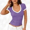 thumbnail image 6 of Ribbed Short Sleeve Tops for Women V Neck Ribbed Knit Color Block T Shirts Low Cut Fitted Casual Summer Basic Tees 2026 Purple L, 6 of 6