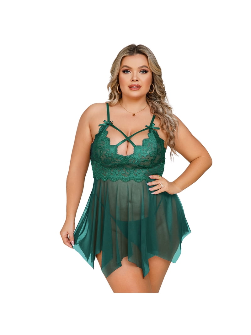 Plus Size Lingerie, CaiDieNu Lingerie for Women Plus Size, Sexy Lingerie  Low Back Lace Mesh Chemise - Green XL - Walmart.com