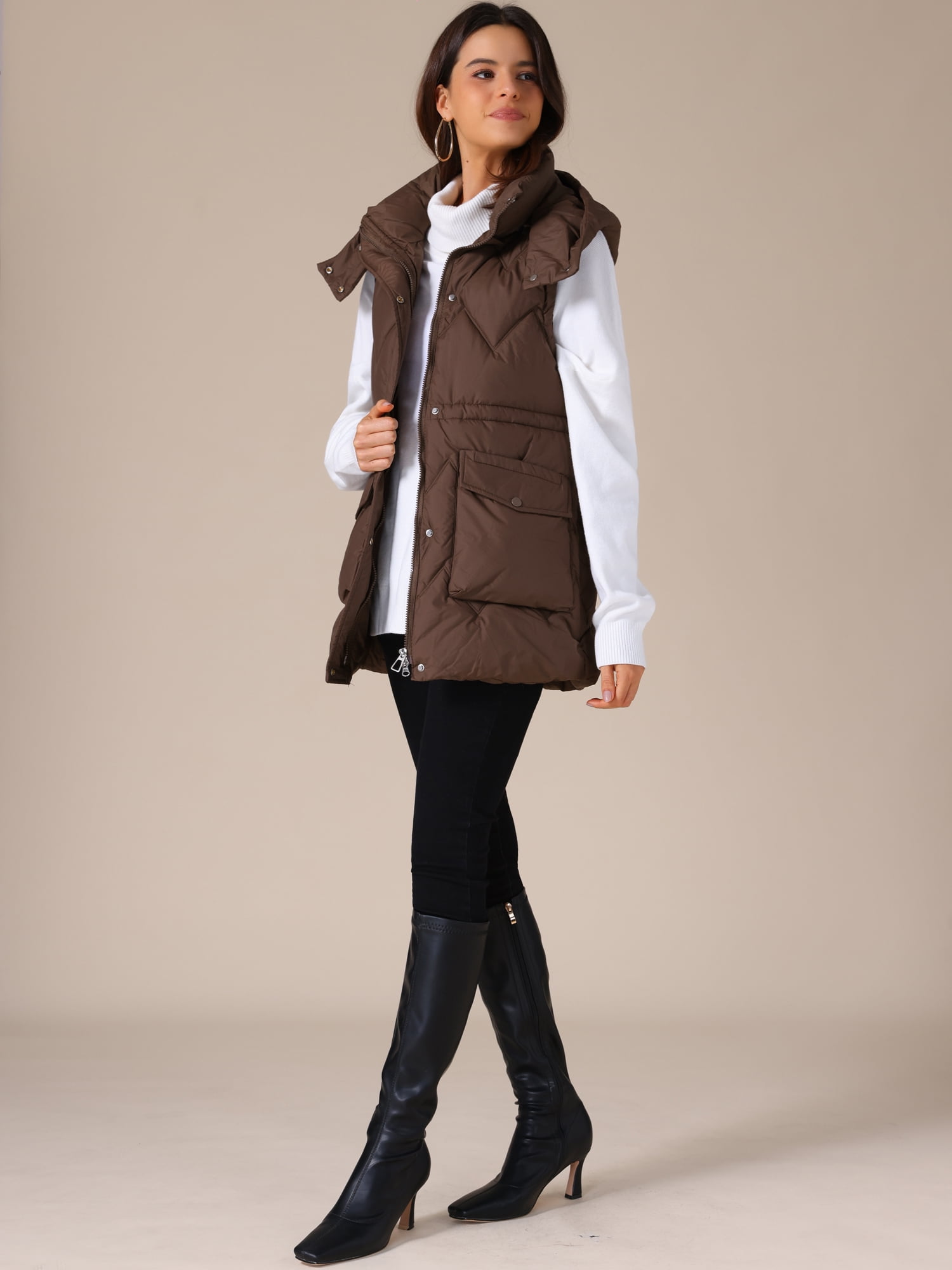 DARING DIVA Women's Puffer Vest Coat Hooded Zip Up Long Sleeveless Jacket M Coffee