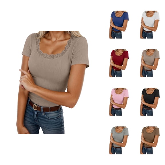 Basic Plain T Shirts for Women Summer Casual Short Sleeve Square Neck Lace Neckline Slim Fit Ribbed Tshirts Blouse