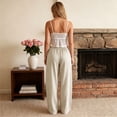 thumbnail image 5 of Domzest Striped Pants for Women Drawstring Elastic High Waist Wide Leg Linen Blend Trousers Casual Comfy Palazzo Pants with Pockets Light Brown XL, 5 of 5
