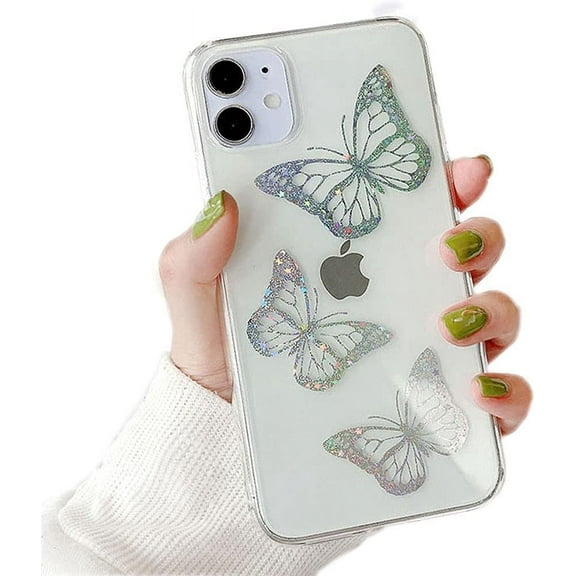Clear Glitter iPhone 12 Pro Max Case, Thin Butterfly Slim Cute Crystal Bling Women Girls Butterfly Plastic Hard Back Soft TPU Bumper Protective Cover for Apple 12 Pro Max 6.7 inch
