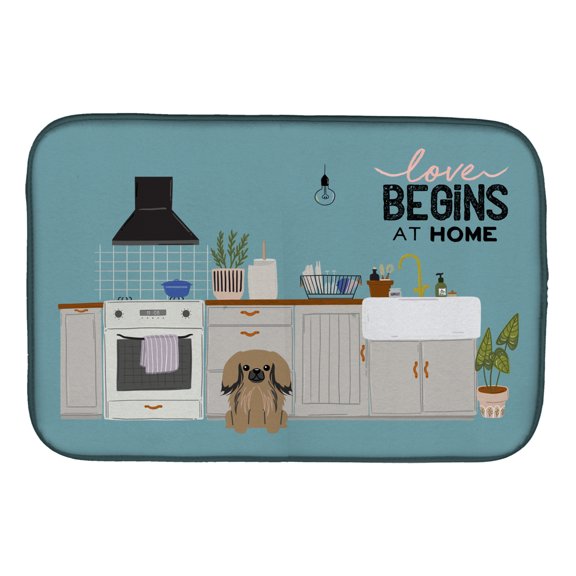 Tan Pekingese Kitchen Scene Dish Drying Mat