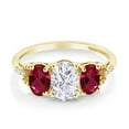 thumbnail image 3 of Gem Stone King 10K Yellow Gold Red Created Ruby White Moissanite and Diamond Accent 3-Stone Engagement Ring for Women | 1.92 Cttw | Wedding Engagement Anniversary Promise Ring for Women | Size 5, 3 of 5