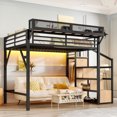 thumbnail image 2 of Full Size Loft Bed with Storage Stairs, Shelves and Built-in Wardrobe, Metal Loft Bed Frame with USB Ports and LED Lights, Noise-reduced Design, Black, 2 of 13
