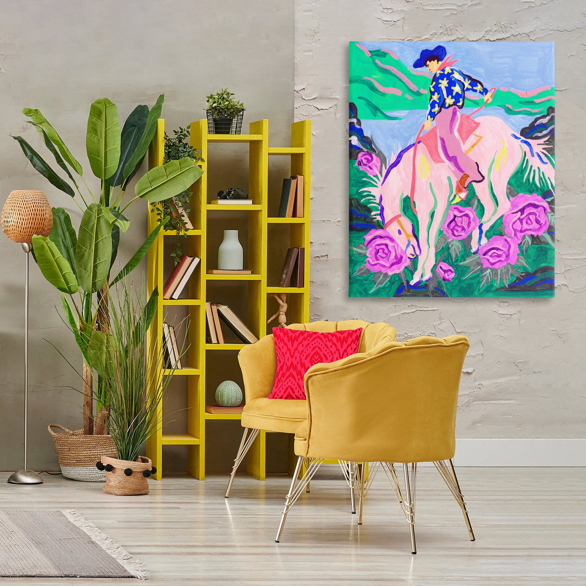 Stupell Industries Bright Cowboy & Blooms Animals Painting Wrapped Canvas Art Print Wall Art, 36 x 48