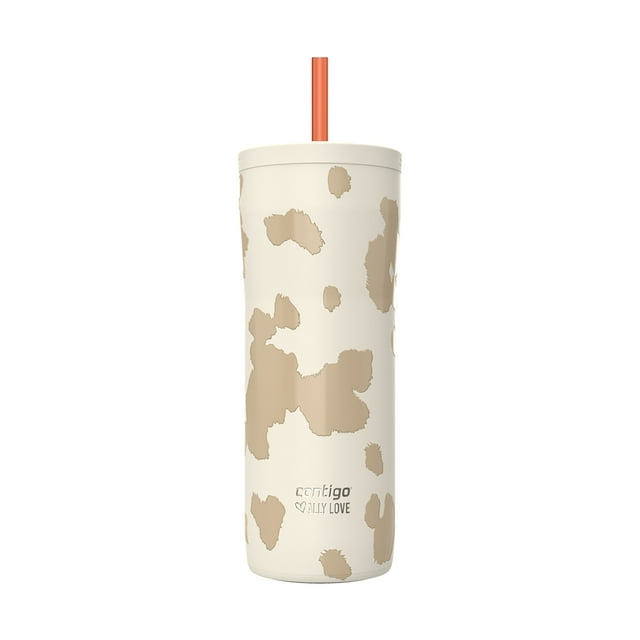 Contigo x Ally Love Streeterville 2.0 stainless steel tumbler with beige and light brown abstract spots and coral-colored straw, 24 oz.